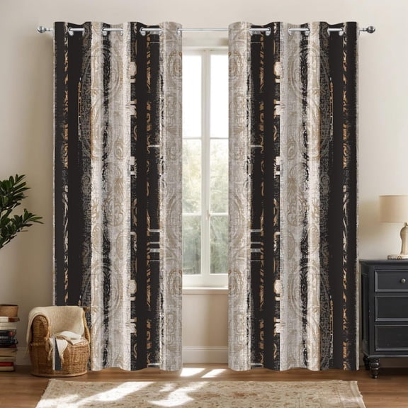 Black And Beige Black Out Curtains, Abstract Chic Cream Tan Brown Vintage Blackout Window Curtains Decor For Boy Bedroom, Living Room, Art Gallery Grommet Window Drapes-38"W x 54"L (Pack of 2)