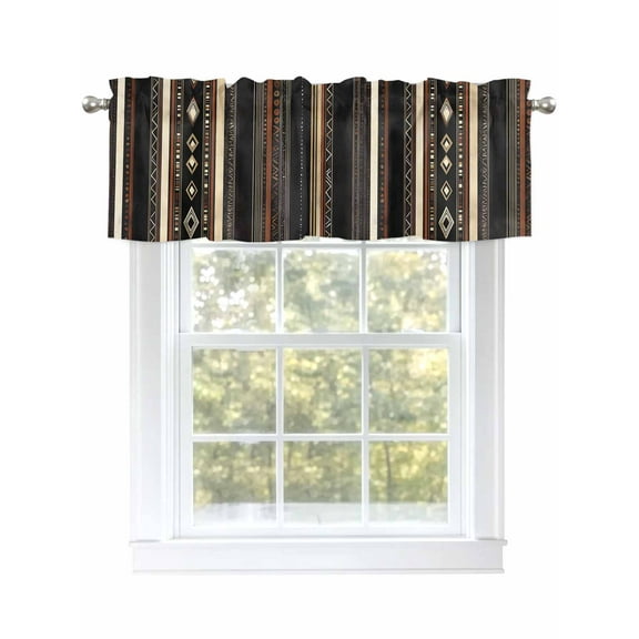 Black Beige Boho Curtain Valances for Windows, Vintage Abstract Geometric Ethnic Kitchen Valance Window Treatment, Light Filtering Block Curtains for Bathroom/Bedroom/Living Room 54'' x 18''