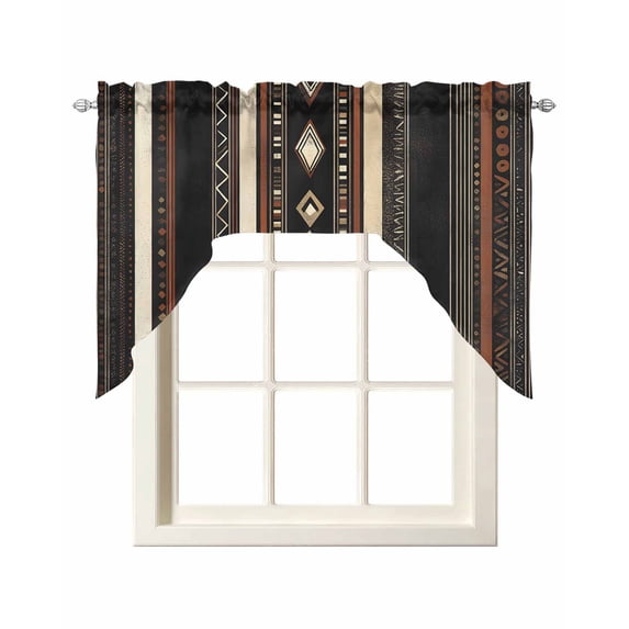Black Beige Boho Kitchen Curtains Swag Valance for Windows/Bathroom/Cafe, Vintage Abstract Geometric Ethnic Rod Pocket Drape Panel Swag Curtain Valance for Bedroom/Living Room 55''x36''