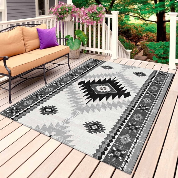 Black Beige Boho Outdoor Rug 5x8 Ft, Non Slip Washable Area Rug, Vintage Ethnic Tribal Southwestern Patio Rugs Carpet Runner, Large Floor Mat for Indoor/Outdoor Deck Porch Camping