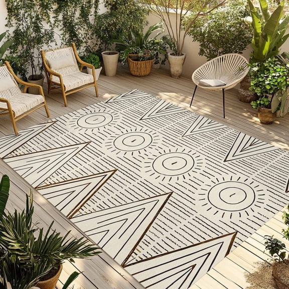 Black Beige Boho Outdoor Rug for Patio/Deck/Porch, Non-Slip Large Area Rug 3 x 5 Ft, Vintage Ethnic Tribe Abstract Art Indoor Outdoor Rugs Washable Area Rugs, Reversible Camping Rug Carpet Runner