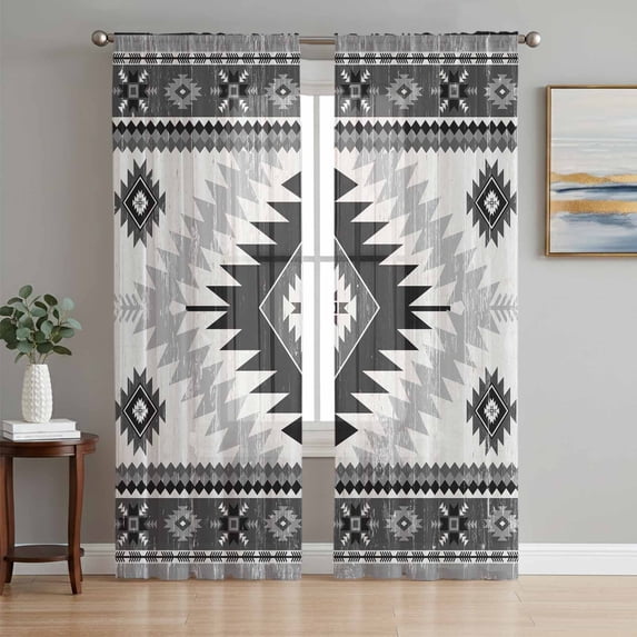 Black Beige Boho Sheer Curtains 72 Inch Length 2 Panels Set, Vintage Ethnic Tribal Southwestern Voile Window Treatment Rod Pocket Curtains Sheers Drapes for Bedroom/Living Room/Kitchen 52"x72"x2