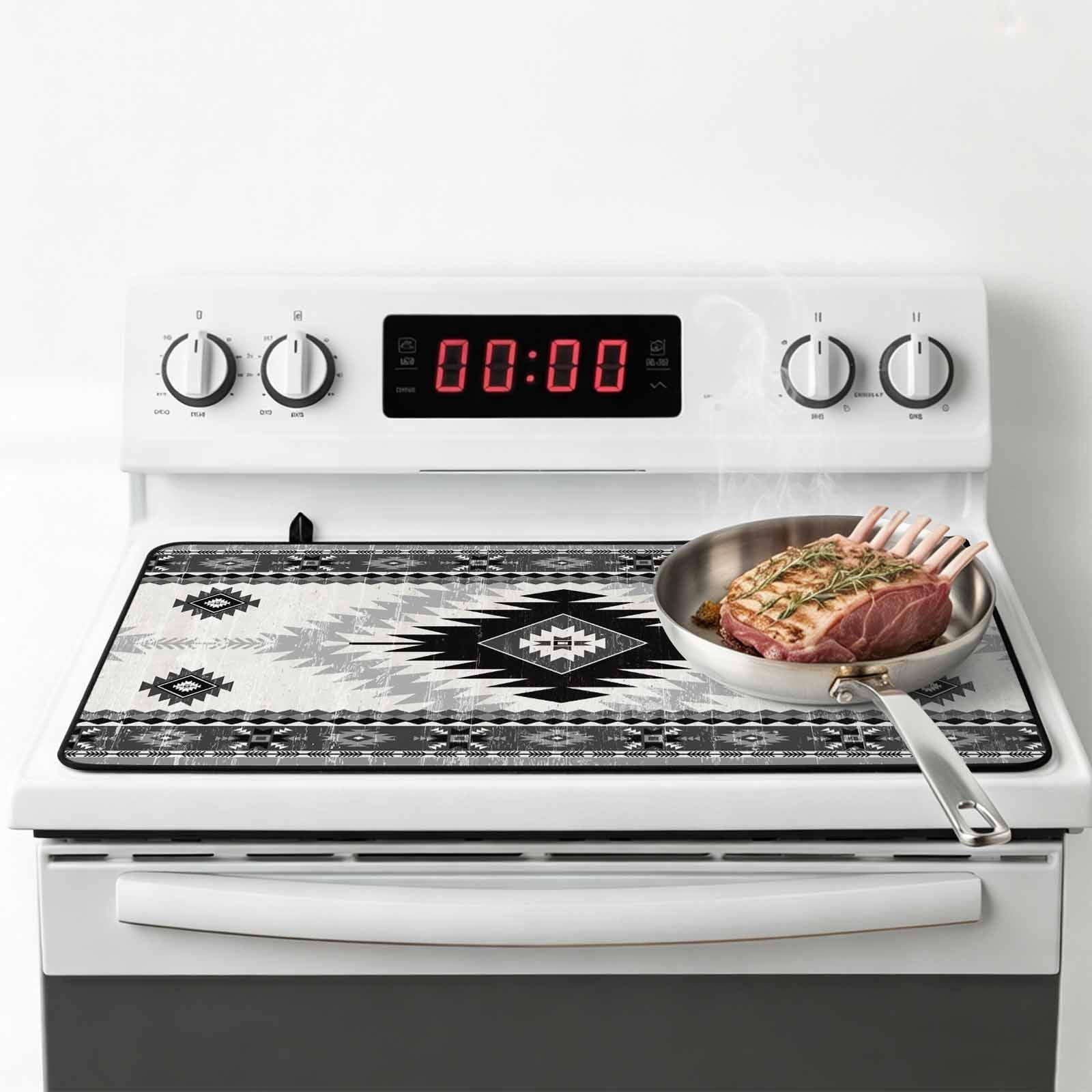 Black Beige Boho Stove Top Cover for Electric Stove, Heat-proof & Non Slip Glass Top Stove Cover Protector, Vintage Ethnic Tribal Southwestern Kitchen Flat Cooktop Rubber Mat 24x21 Inches