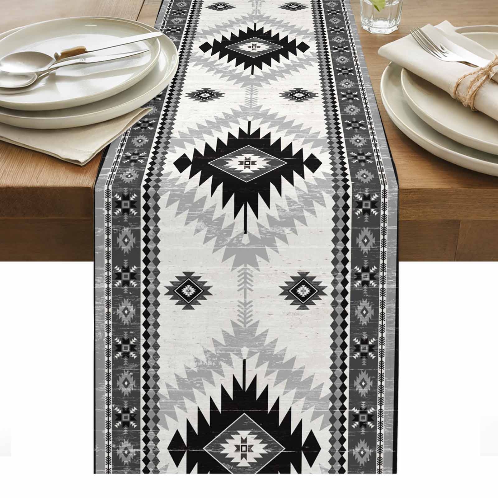 Black Beige Boho Table Runner - 90 Inch Long, Kitchen Dining Table ...