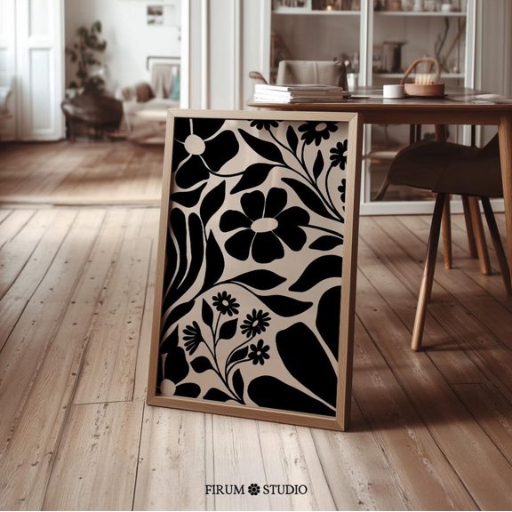 Black Beige Botanical Abstract Floral Wall Decor