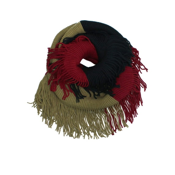 Black Beige Burgundy Tricolor Winter Knit Infinity Scarf With Fringe