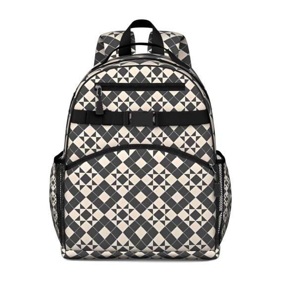 Black Beige Checkerboard Checkered Pattern Backpack for School,Cute School Bag,Schoolbag with Adjustable Shoulder Straps & Padded Back,15.25"x11.5"x5.25"