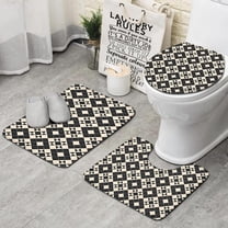 Black Beige Checkerboard Checkered Pattern Bathroom Rugs Sets 3 Piece,Toilet Cover Set,Absorbent Non Slip Bathroom Mats Sets with U-Shaped Contour Rug Toilet Rug Set