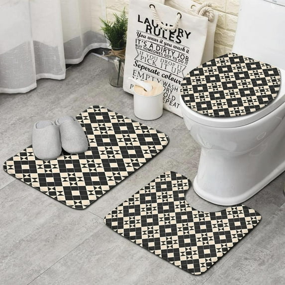 Black Beige Checkerboard Checkered Pattern Bathroom Rugs Sets 3 Piece,Toilet Cover Set,Absorbent Non Slip Bathroom Mats Sets with U-Shaped Contour Rug Toilet Rug Set