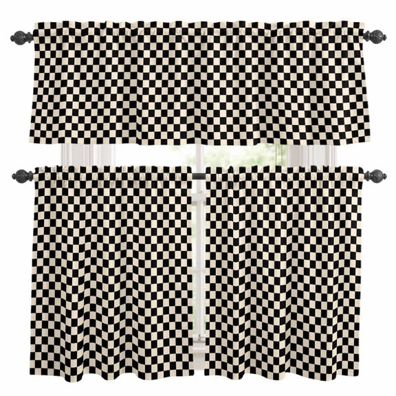 Black Beige Checkered Kitchen Curtains and Valances Set, Abstract Minimalist Plaid Rod Pocket Window Valance 18 Inch Window Curtain Panels for Living Room Bedroom Laundry, 27.5x24in, 3 Pieces