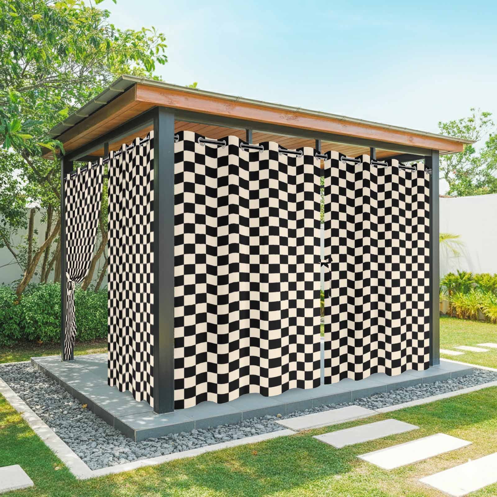 Black Beige Checkered Outdoor Curtains for Patio, Abstract Minimalist Plaid Sunshade Privacy Drapes Grommet Waterproof Outside Curtains for Porch/Cabana/Balcony 54"x 108", 1 Panel