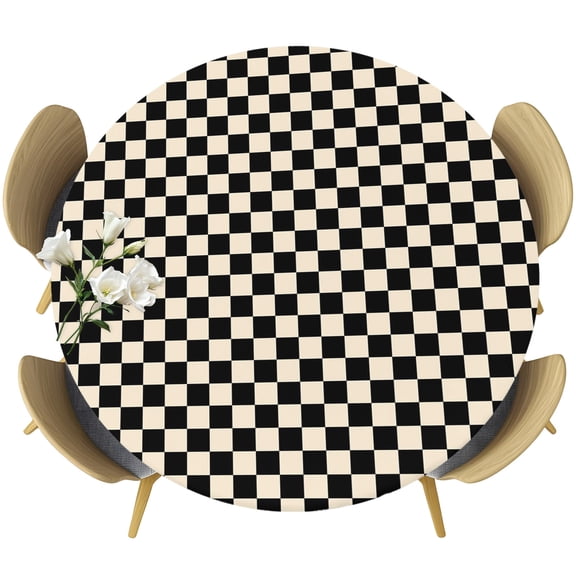 Black Beige Checkered Round Tablecloth 36-44 Inch Round Fitted Table Cloth with Elastic Edge, Modern Farmhouse Buffalo Plaid Waterproof Table Cover Protector for Outdoor Picnic Party Dining