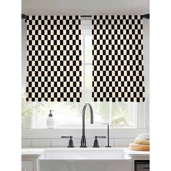 Black Beige Checkered Sheer Curtains 54 inches Long, Abstract Minimalist Plaid Light Filtering Sheer Window Curtains Rod Pocket Voile Drapes for Bedroom Living Room, 2 Panels