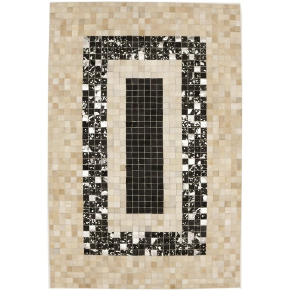 Black Beige Cowhide 4X6 Modern Leather Rug