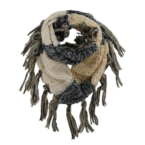 Black Beige & Cream Circle Infinity Scarf With Tassel Trim