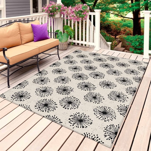 Black Beige Dandelion Outdoor Rug for Patio/Deck/Porch, Non-Slip Large Area Rug 5 x 7 Ft, Farmhouse Botanical Blossom Indoor Outdoor Rugs Washable Area Rugs, Reversible Camping Rug Carpet Runner