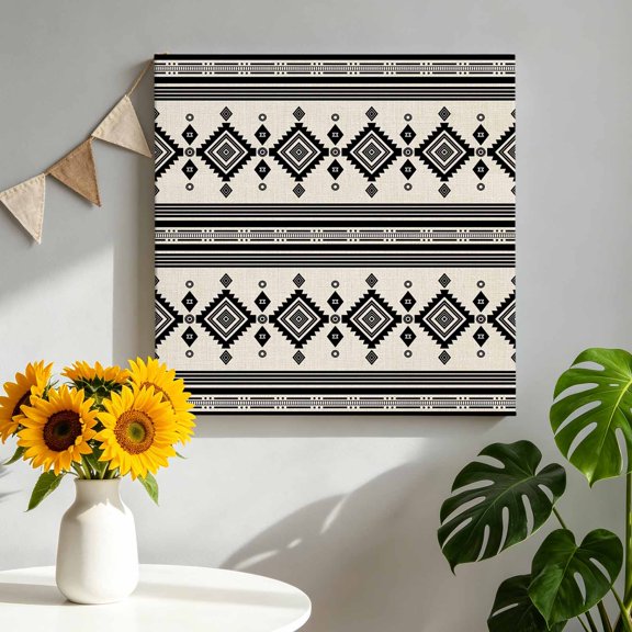 Black Beige Diamond Canvas Wall Art, Bohemian Tribal Retro Geometric Stripe Plaid Framed Canvas Wall Decor Picture Print Artwork Decorations for Living Room Office Ready to Hang 8" x 8"