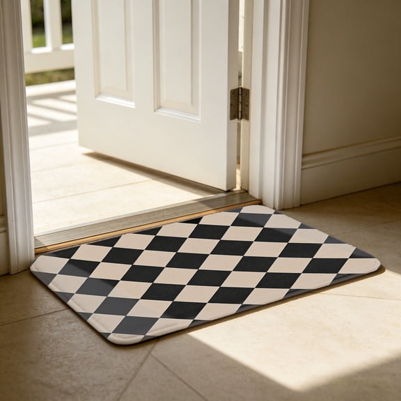 Black Beige Diamond Checkered Flannel Bath Mat, Bathroom Rug, 24"x36" Oversized NonSlip Absorbent Floor Rug