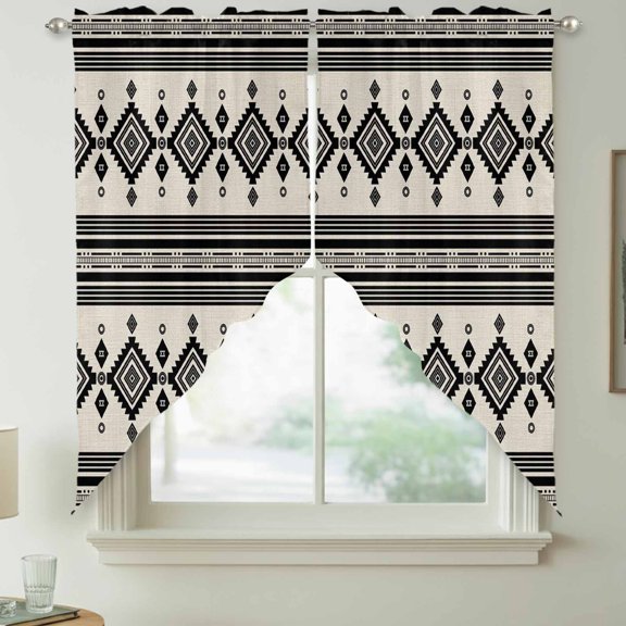 Black Beige Diamond Swag Curtain Valances for Kitchen, Bohemian Tribal Retro Geometric Stripe Plaid Rod Pocket Curtains Window Treatment Swag Valance for Bedroom Bathroom, 2 Panels 28 x 36 Inch