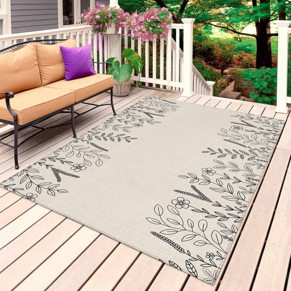 Black Beige Fall Outdoor Rug for Patio/Deck/Porch, Non-Slip Large Area Rug 4 x 6 Ft, Thanksgiving Eucalyptus Leaves Art Indoor Outdoor Rugs Washable Area Rugs, Reversible Camping Rug Carpet Runner