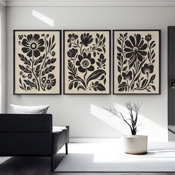 Black Beige Floral Abstract Wall Art Set 3 Stretched Canvas 16x24