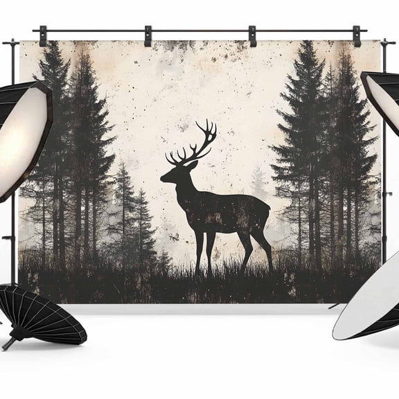 Black Beige Forest Elk Backdrop for Photography,Fabric Photo Background Backdrop,Rustic Country Elk Woodland Photo Booth Background for Portrait Photoshoot Video Wedding Decoration Banner 7x5ft