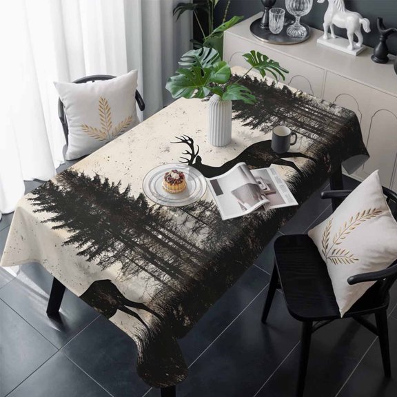Black Beige Forest Elk Table Cloth Waterproof Tablecloths, Rustic Country Elk Woodland Tablecloth Dining Table Cover for Kitchen Party Tabletop Outdoor, Rectangle Tablecloth 54x108 Inch