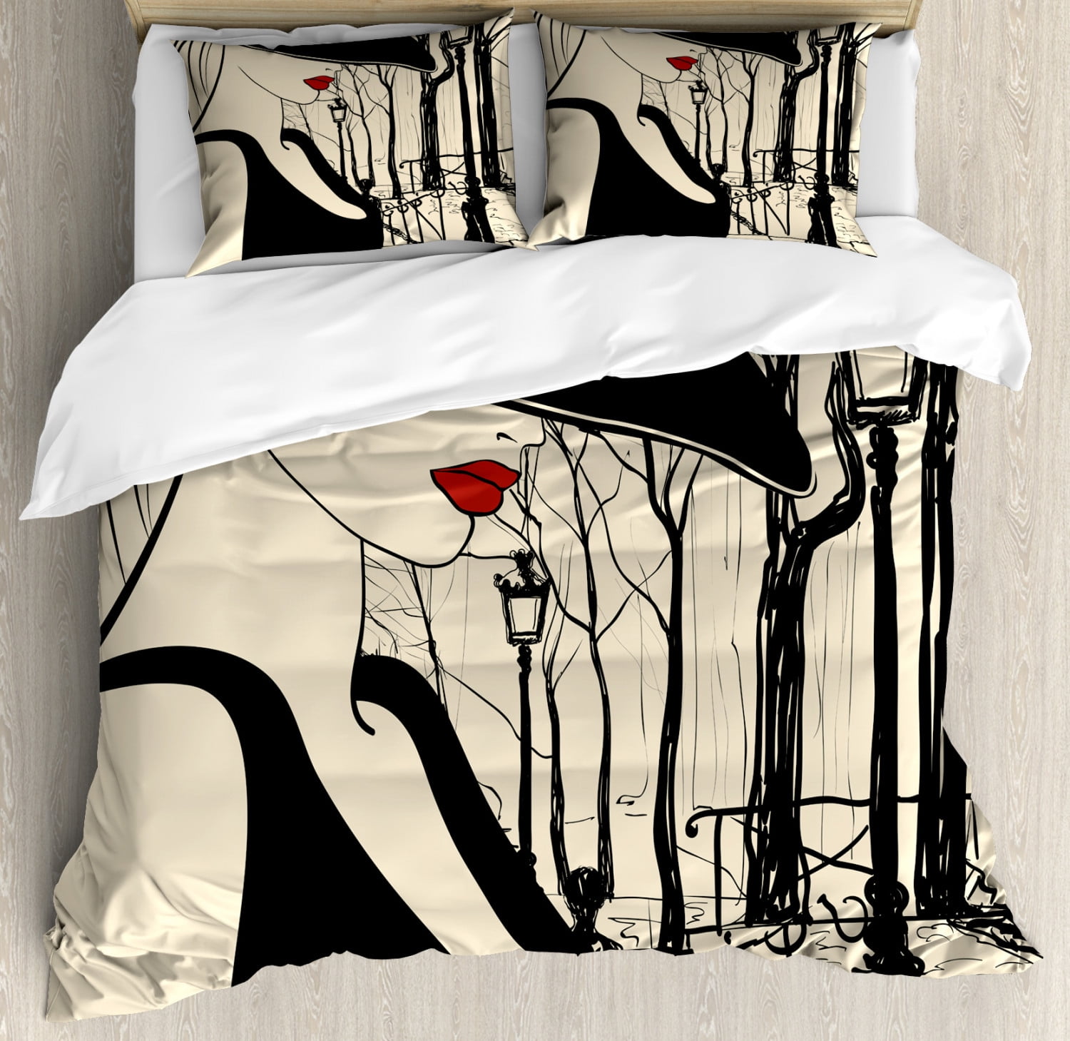 Black and Beige King Size Duvet Cover Set, Young European Woman with a Hat in Paris Montmartre Streets Art, Decorative 3 Piece Bedding Set with 2 Pillow Shams, Black Beige and Red, by Ambesonne