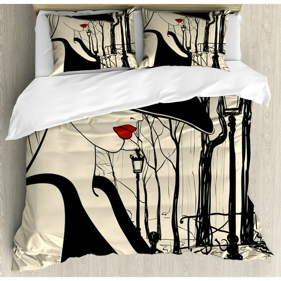 Black and Beige King Size Duvet Cover Set, Young European Woman with a Hat in Paris Montmartre Streets Art, Decorative 3 Piece Bedding Set with 2 Pillow Shams, Black Beige and Red, by Ambesonne