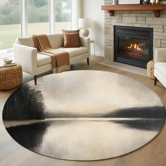 Black Beige Lake 8' Round Area Rug, Abstract Aesthetics Mysterious Washable Non-Slip Large Circle Rugs for Living Room Bedroom, Soft Low Pile Rug Carpet for Dining Room Kitchen Farmhouse