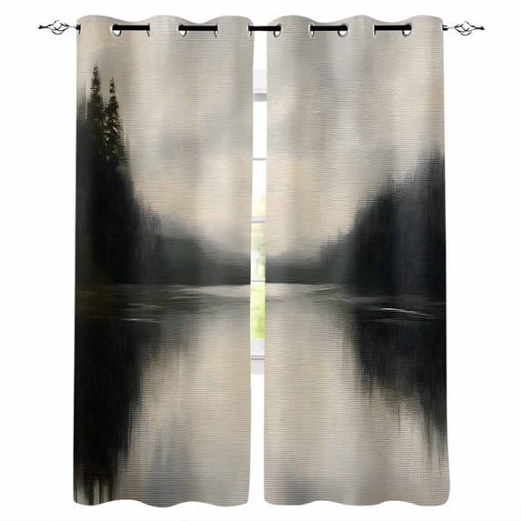 Black Beige Lake Blackout Curtains for Bedroom/Living Room, Thermal Insulated Kitchen Curtains, Mysterious Abstract Vintage Aesthetics Grommet Darkening Window Treatment Drapes 52"x84"x2