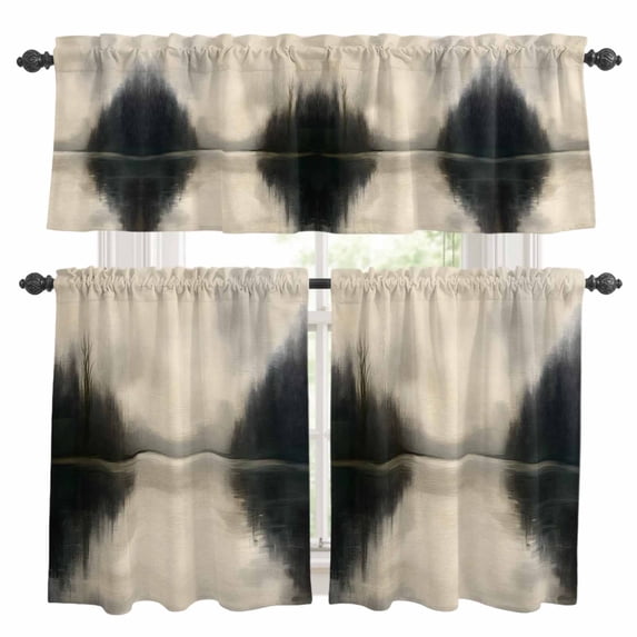 Black Beige Lake Kitchen Curtains Sets for Windows 24 Inch Length, Aesthetics Mysterious Abstract Rod Pocket Window Treatments Tier Curtains and Valances Set for Bedroom/Bathroom
