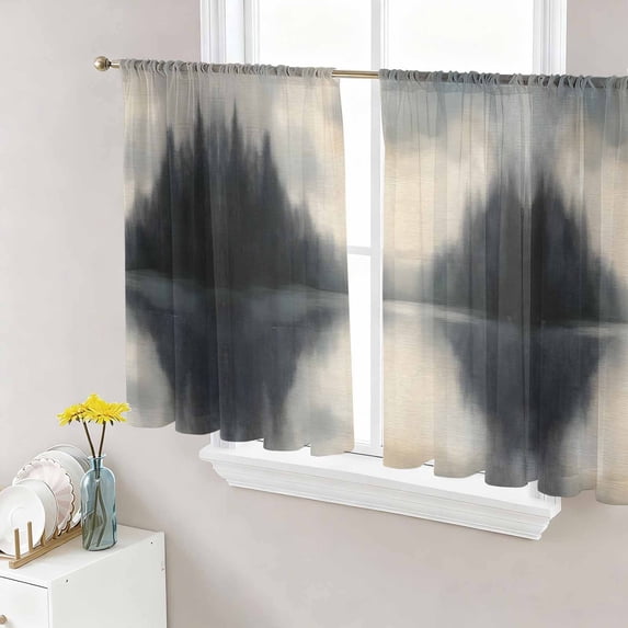 Black Beige Lake Sheer Curtains 45 Inch Length 2 Panels Set, Mysterious Aesthetics Abstract Retro Voile Window Treatment Rod Pocket Small Kitchen Curtains Drapes for Bedroom 52"x45"x2