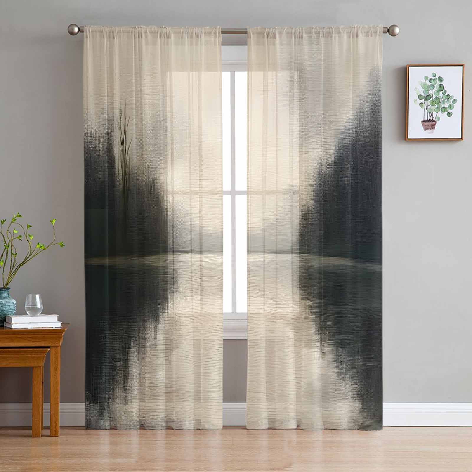 Black Beige Lake Sheer Curtains 72 Inch Length 2 Panels Set for Living