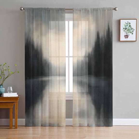 Black Beige Lake Sheer Curtains 84 Inch Length 2 Panels Set for Living Room/Bedroom, Mysterious Aesthetics Abstract Retro Semi Curtain Sheers Drapes Rod Pocket Curtains Window Treatment 52''x84''x2