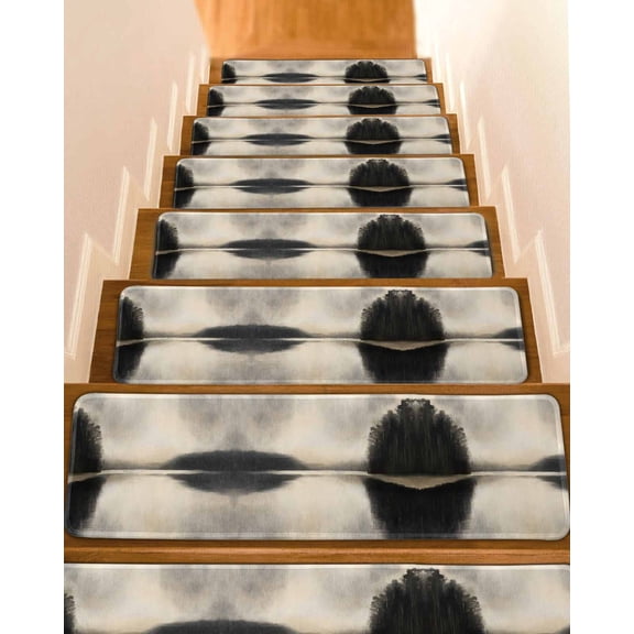 Black Beige Lake Stair Treads for Wooden Steps Indoor Runner Rug Carpet, Abstract Aesthetics Mysterious 7 Pieces Peel and Stick Staircase Step Treads Covers Washable Throw Door Mats, 30"x8"