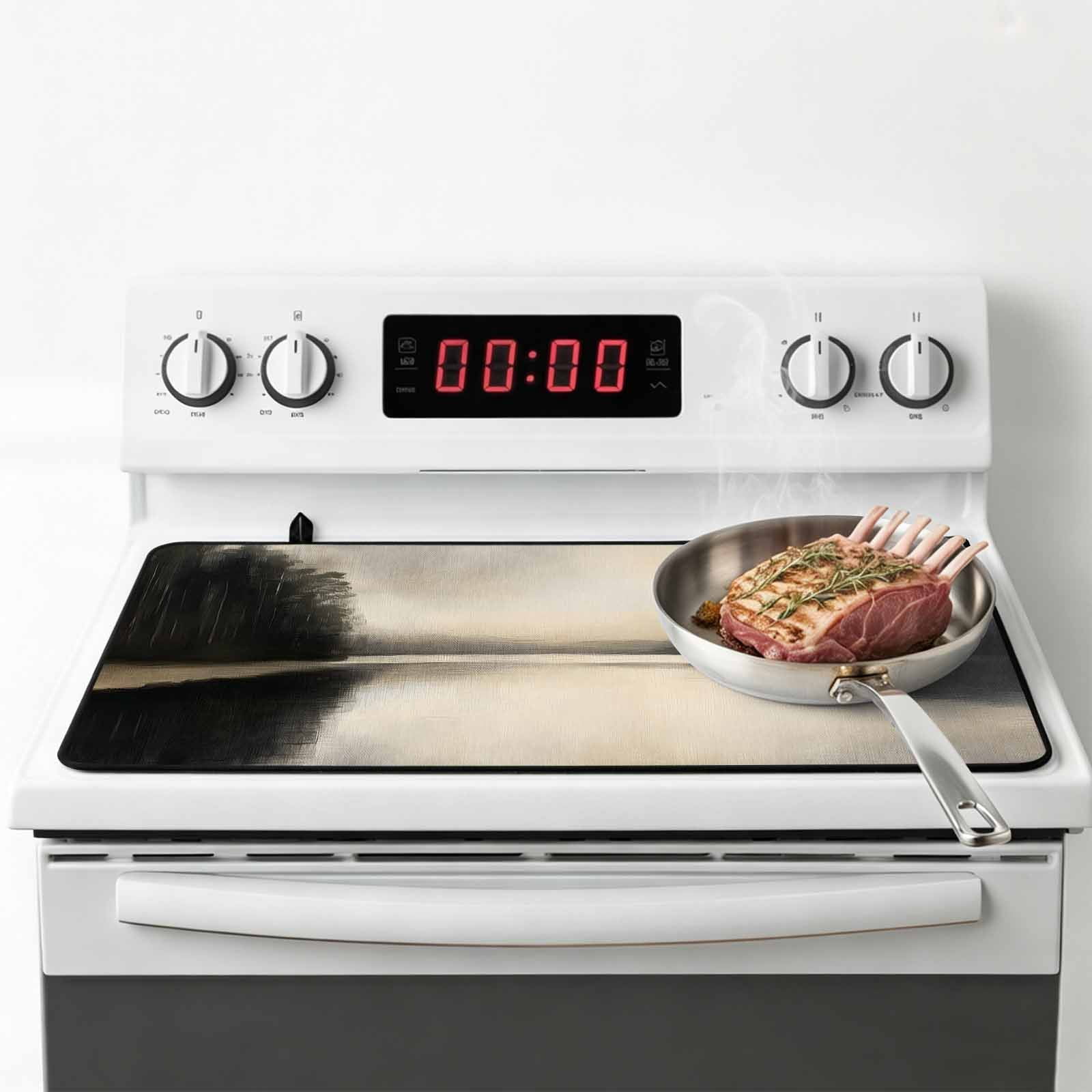 Black Beige Lake Stove Top Cover for Electric Stove, Heat-proof & Non Slip Glass Top Stove Cover Protector, Abstract Aesthetics Mysterious Kitchen Flat Cooktop Rubber Mat 24x21 Inches