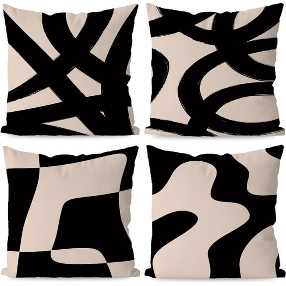 Black and Beige Modern Abstract Neutral Art Throw Pillow Cover, Abstarct Art Throw Pillow Case 16×16 Inch Set of 4,Home Living Room Decor,Women Gifts(Beige)