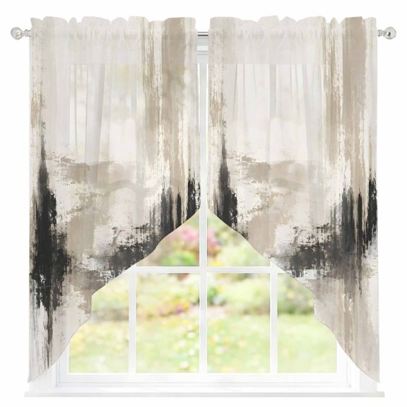 Black Beige Oil Painting Swag Valances for Windows, Minimalist Abstract Industrial Farmhouse Window Valance Sheer Curtains Light Filtering Swag Curtains for Kitchen, Bedroom, Bathroom, 36"Wx45"Lx2