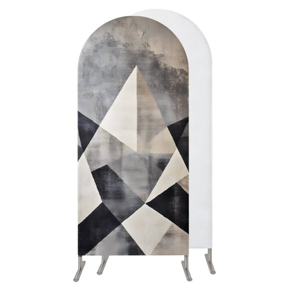 Black Beige Rhombus Arch Backdrop Cover 4 FT, Spandex Wedding Arch Stand Covers Stretchy Backdrop, Geometric Abstract Art Round Top Party Arched Background for Birthday Event Baby Shower Decorations
