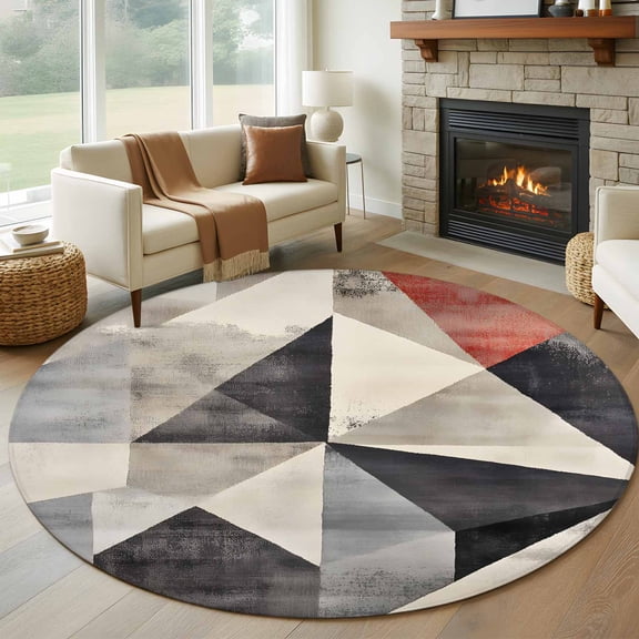 Black Beige Rhombus Round Area Rug 6 FT, Non Slip Bedroom Rugs, Vintage Geometric Art Washable Soft Circular Carpet Non-Shedding Floor Mat for Kitchen Dining Room Home Office Kids Room