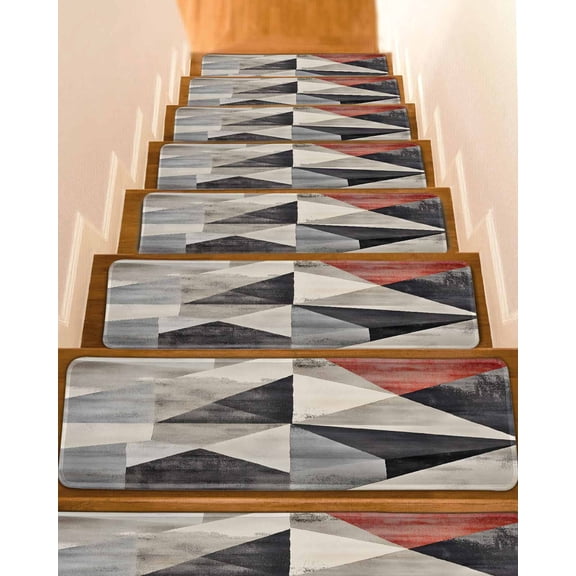 Black Beige Rhombus Stair Treads for Wooden Steps Indoor Runner Rug Carpet, Vintage Geometric Art 4 Pieces Peel and Stick Staircase Step Treads Covers Washable Throw Door Mats, 30"x8"