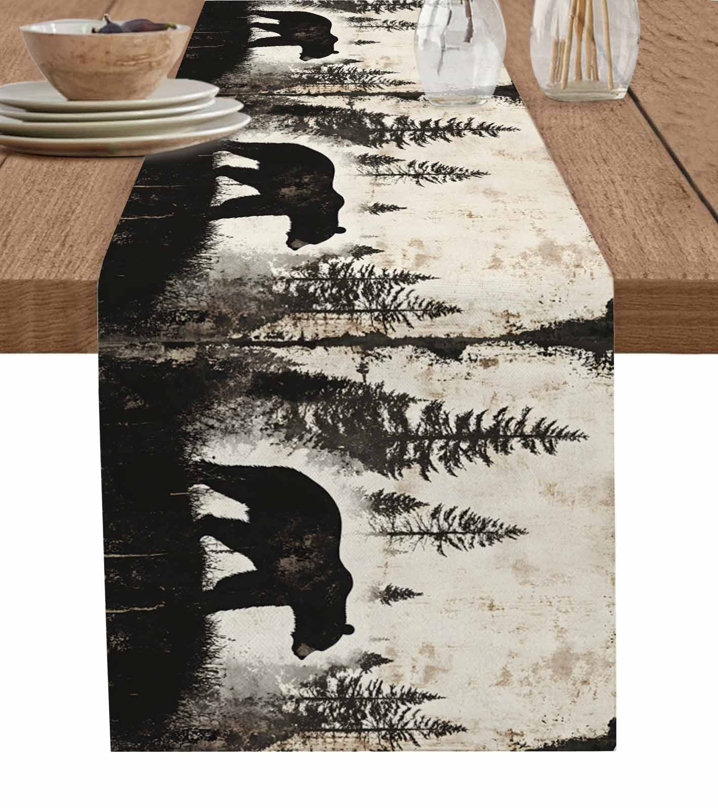 Llylumty Rustic Country Bear Table Runner – 13x36 Inch, Patchwork Cabin Animals, Linen Blend
