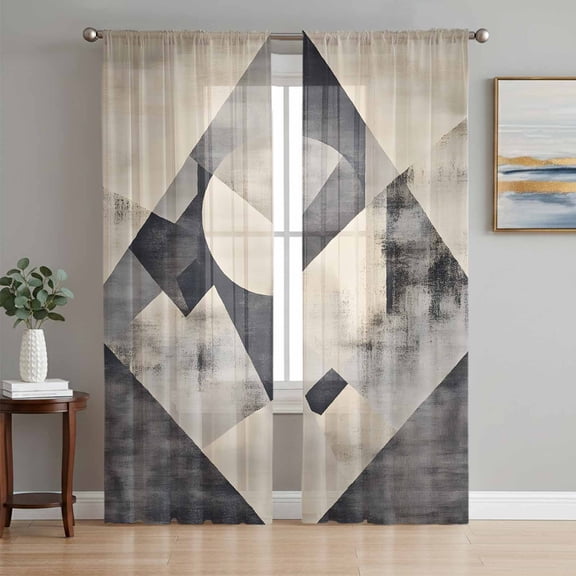 Black Beige Sheer Curtains 84 Inch Length 2 Panels Set, Geometric Abstract Art Rhombus Voile Window Treatment Rod Pocket Curtains Sheers Drapes for Bedroom/Living Room/Kitchen 52"x84"x2