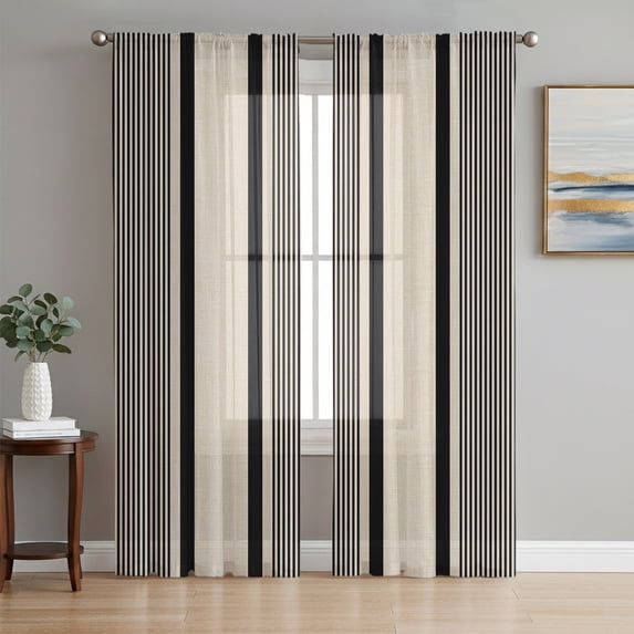 Black Beige Stripe Sheer Curtains 96 Inch Length 2 Panels Set, Farmhouse Striped Vintage Geometric Lines Window Treatment Semi Sheer Long Curtains Drapes for Bedroom/Living Room/Kitchen 52"x96"x2