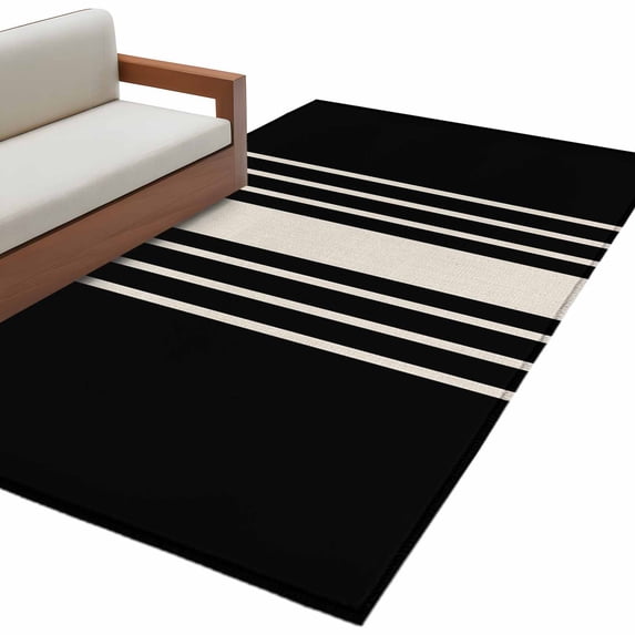 Black Beige Striped Area Rug Washable 3x5 Entryway Rug Non-Slip Indoor Low Pile Modern Farmhouse Retro Lines Floor Carpet Small Rugs for Bedroom Office Living Room Kitchen Entrance Nursery