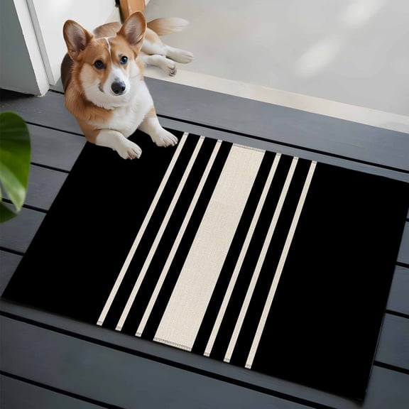 Black Beige Striped Bathroom Mat 2x3 FT, Non Slip Small Kitchen Mat, Modern Farmhouse Retro Lines Washable Backed Front Door Throw Rug Non-Shedding Indoor Outdoor Doormat for Entryway Sink