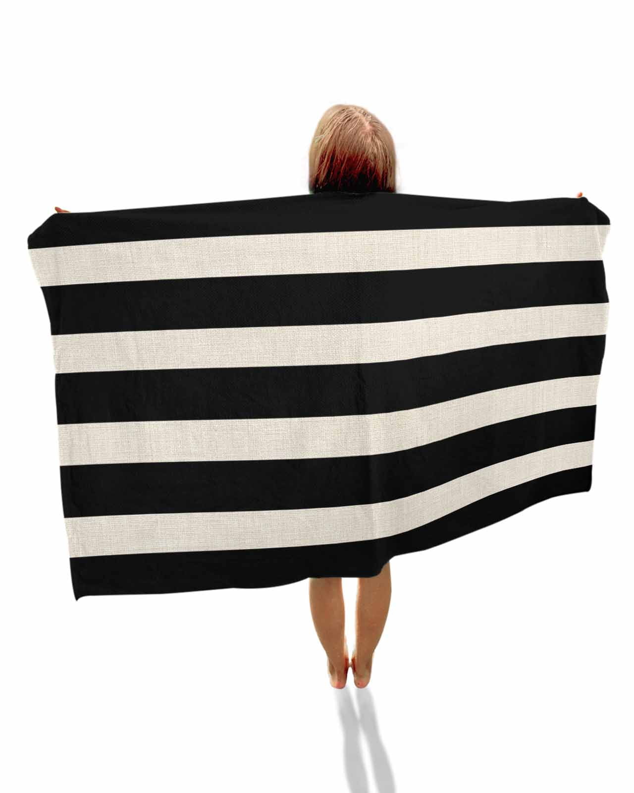 Black Beige Striped Beach Towels Oversized Super Absorbent, Vintage Geometric Line Simple Lightweight Bath Towel Quick Dry Sets For Bathroom/Pool/Rv Camping/Beach Play/Gym Room/Picnic 31"x62"