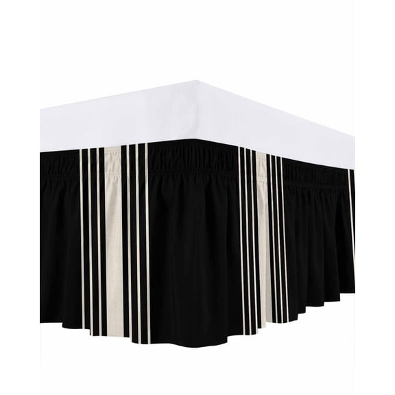 Black Beige Striped Bed Skirt Queen Size, Modern Farmhouse Retro Lines Wrap Around Bed Skirting with Adjustable Elastic Strap, Dust Ruffle Pleated Bedskirts 16 Inch Drop for Bedroom Queen Beds