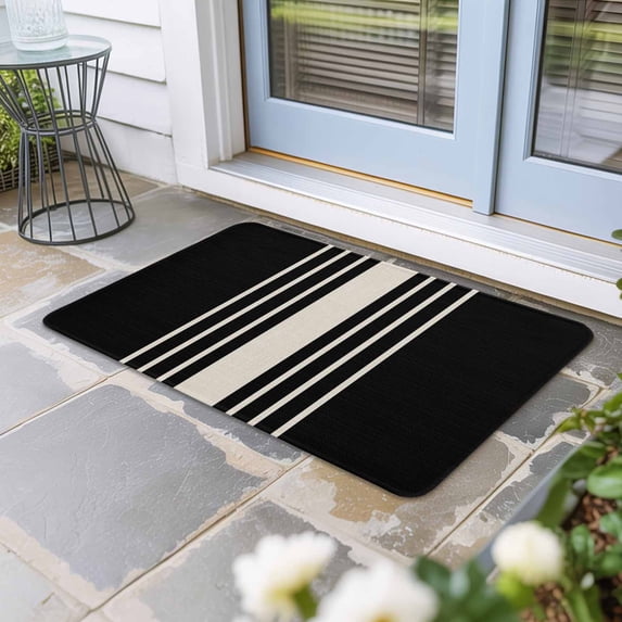 Black Beige Striped Door Mat Indoor Outdoor, Modern Farmhouse Retro Lines Non Slip Welcome Mat with Rubber Backing, Absorbent Fabric Front Door Mats Entryway Rug for Home Patio Entrance 16"x24"